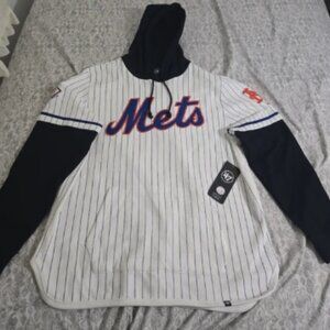 Men's New York Mets '47 White Pinstripe Double Header Collection Pullover Hoodie